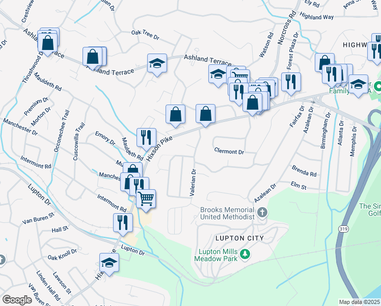 map of restaurants, bars, coffee shops, grocery stores, and more near 3905 West Fairfax Drive in Chattanooga