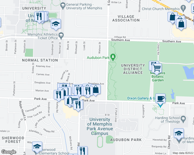 map of restaurants, bars, coffee shops, grocery stores, and more near 755 Watson Street in Memphis