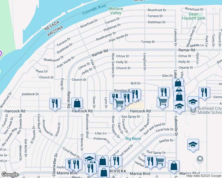 map of restaurants, bars, coffee shops, grocery stores, and more near 1653 River Gardens Drive in Bullhead City