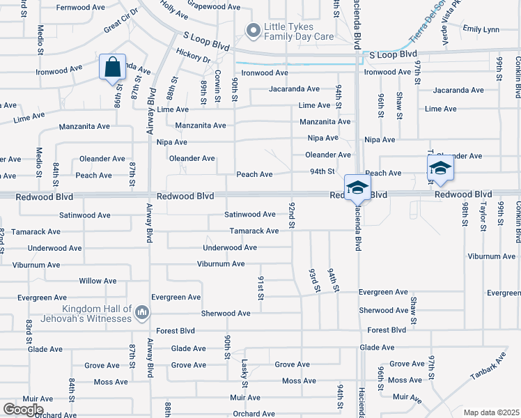 map of restaurants, bars, coffee shops, grocery stores, and more near 9111 Satinwood Avenue in California City