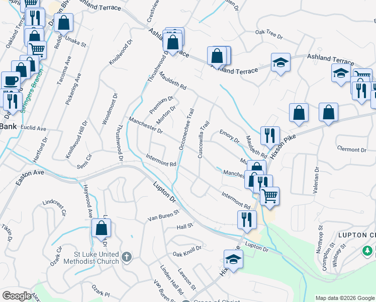 map of restaurants, bars, coffee shops, grocery stores, and more near 616 Manchester Drive in Chattanooga
