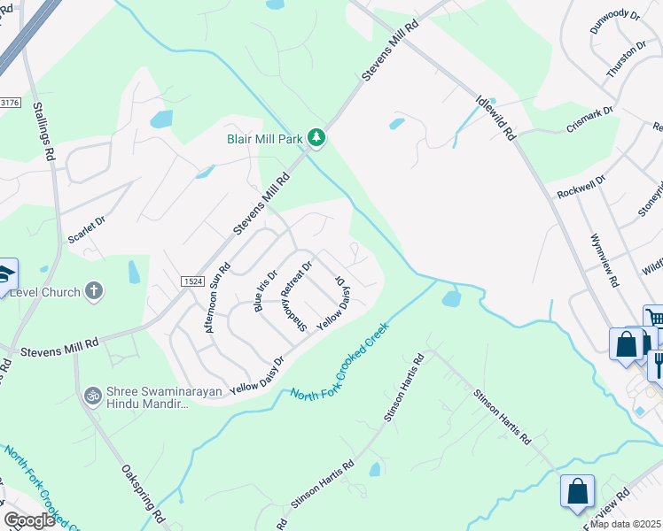 map of restaurants, bars, coffee shops, grocery stores, and more near 1017 Yellow Daisy Drive in Stallings