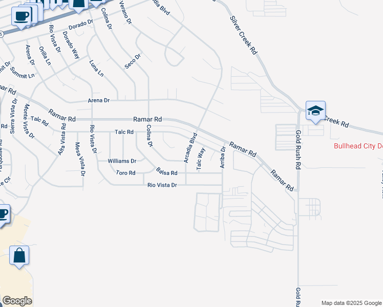 map of restaurants, bars, coffee shops, grocery stores, and more near 1650 Arcadia Boulevard in Bullhead City
