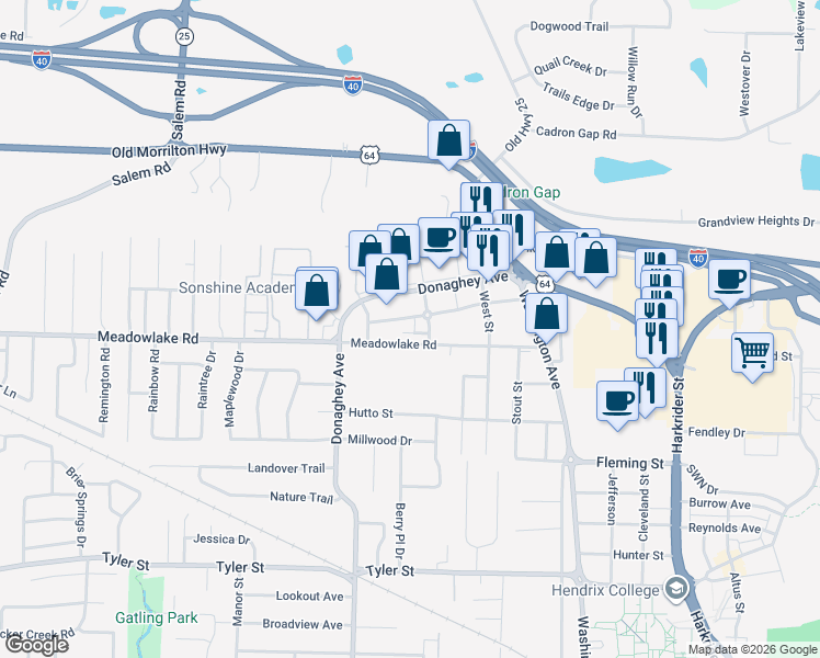 map of restaurants, bars, coffee shops, grocery stores, and more near 1967 Cambridge Village Drive in Conway