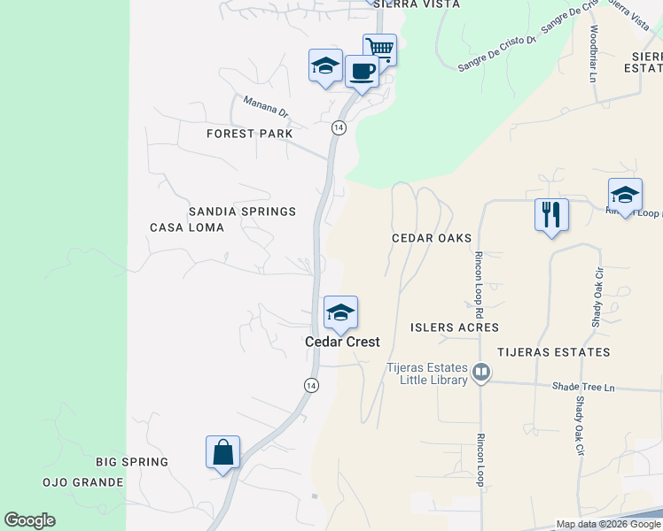 map of restaurants, bars, coffee shops, grocery stores, and more near 12070 New Mexico 14 in Cedar Crest