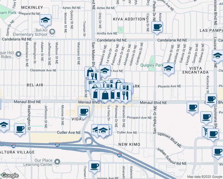 map of restaurants, bars, coffee shops, grocery stores, and more near 5400 Phoenix Avenue Northeast in Albuquerque
