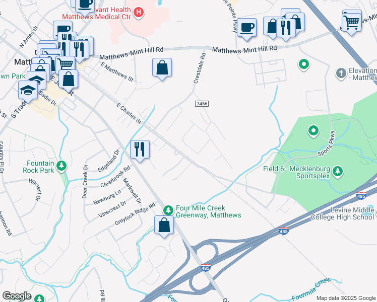 map of restaurants, bars, coffee shops, grocery stores, and more near 3110 Doe River Way in Matthews