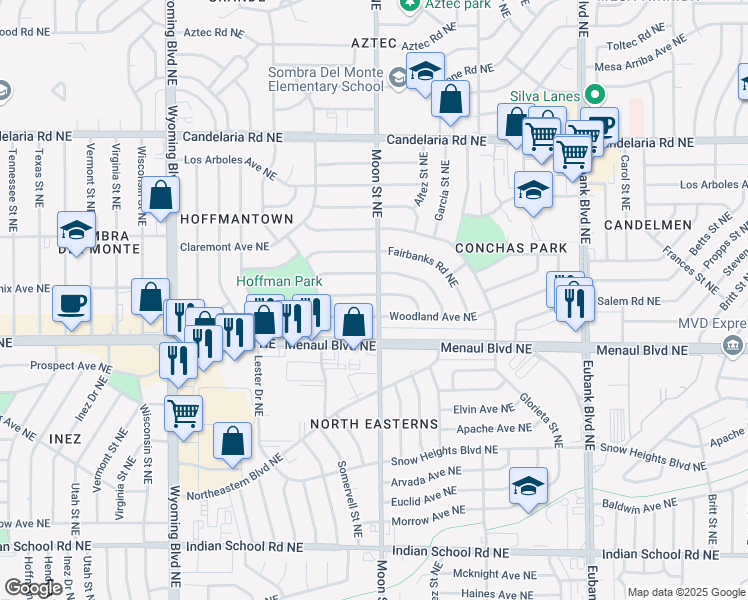 map of restaurants, bars, coffee shops, grocery stores, and more near 8922 Phoenix Avenue Northeast in Albuquerque