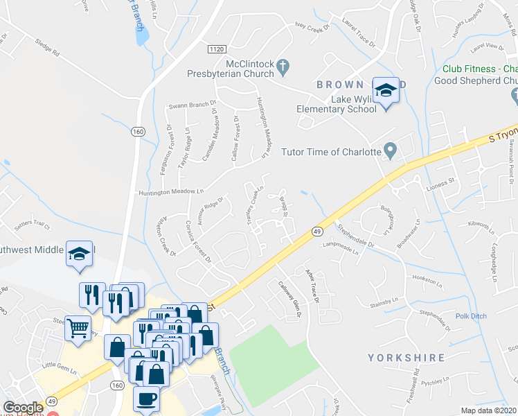 map of restaurants, bars, coffee shops, grocery stores, and more near 15135 Deshler Court in Charlotte