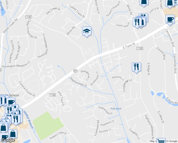 map of restaurants, bars, coffee shops, grocery stores, and more near 13414 Bolingbrook Lane in Charlotte