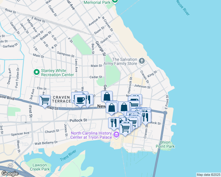 map of restaurants, bars, coffee shops, grocery stores, and more near 615 Queen Street in New Bern