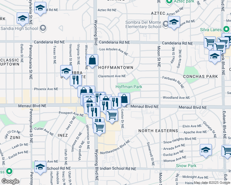 map of restaurants, bars, coffee shops, grocery stores, and more near 2320 General Bradley Street Northeast in Albuquerque