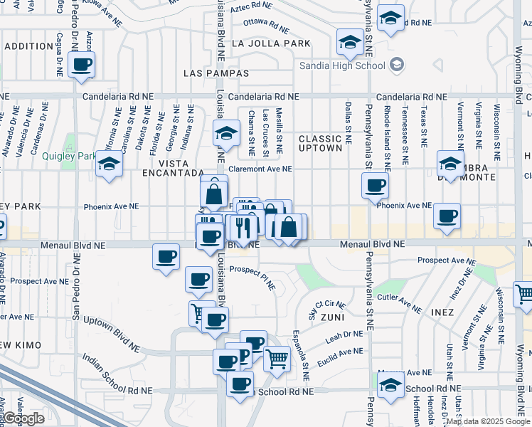map of restaurants, bars, coffee shops, grocery stores, and more near 7000 Phoenix Avenue Northeast in Albuquerque