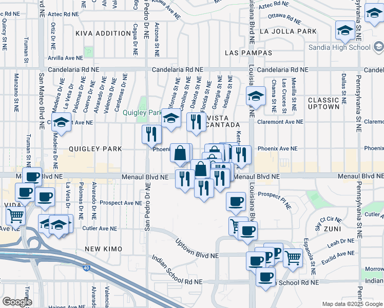 map of restaurants, bars, coffee shops, grocery stores, and more near 2629 Florida Street Northeast in Albuquerque