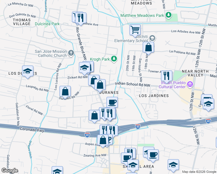 map of restaurants, bars, coffee shops, grocery stores, and more near 2228 Indian School Road Northwest in Albuquerque