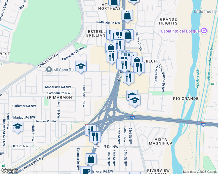 map of restaurants, bars, coffee shops, grocery stores, and more near 2559 Coors Boulevard Northwest in Albuquerque
