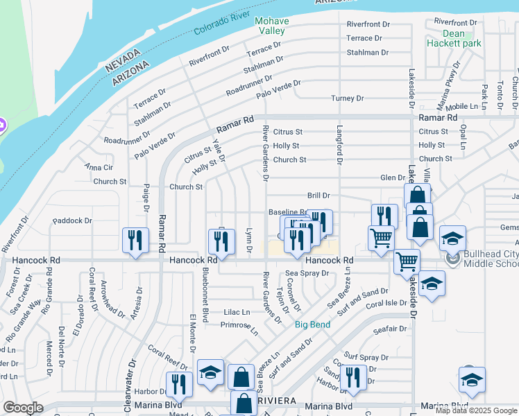 map of restaurants, bars, coffee shops, grocery stores, and more near 1653 River Gardens Drive in Bullhead City
