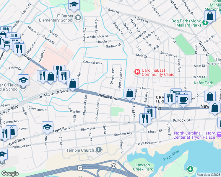map of restaurants, bars, coffee shops, grocery stores, and more near 1404 McArthur Avenue in New Bern