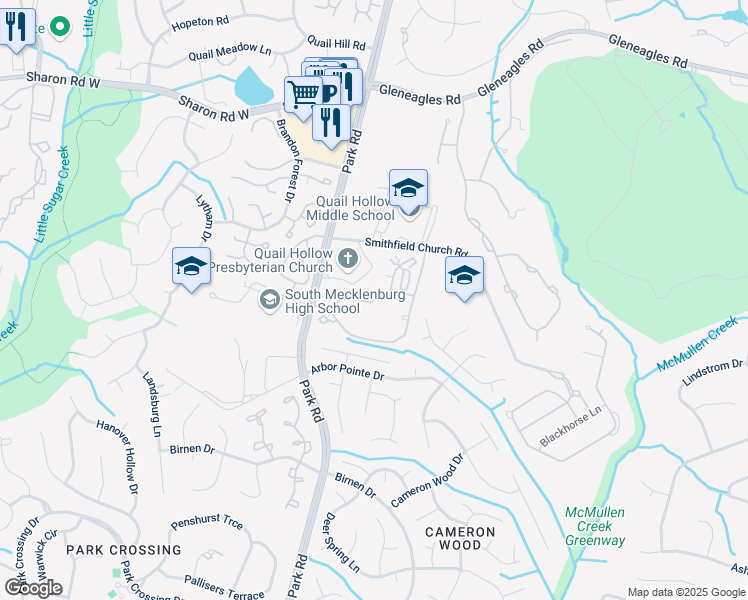 map of restaurants, bars, coffee shops, grocery stores, and more near 8919 Park Road in Charlotte