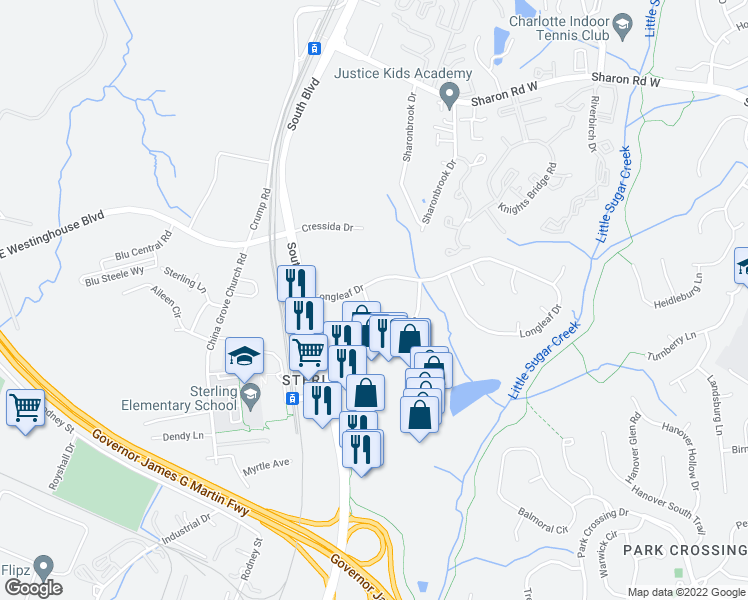 map of restaurants, bars, coffee shops, grocery stores, and more near 9408 Loblolly Lane in Charlotte
