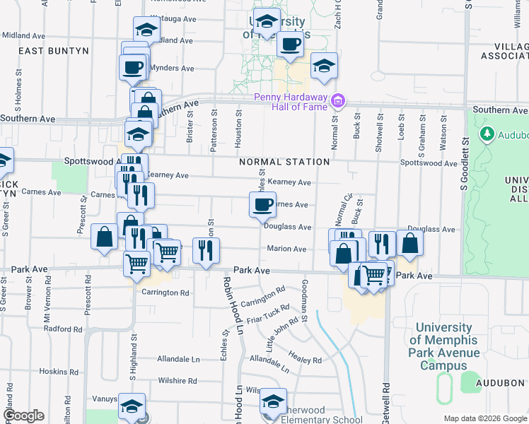 map of restaurants, bars, coffee shops, grocery stores, and more near 758 Echles Street in Memphis