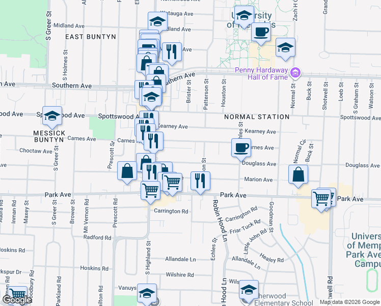 map of restaurants, bars, coffee shops, grocery stores, and more near 3577 Clayphil Avenue in Memphis