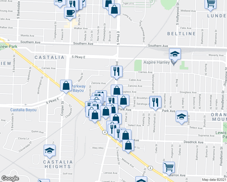 map of restaurants, bars, coffee shops, grocery stores, and more near 1277 Airways Boulevard in Memphis