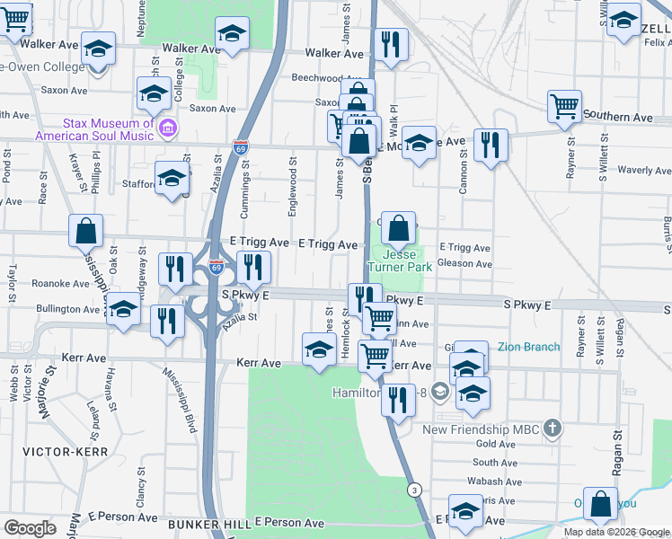 map of restaurants, bars, coffee shops, grocery stores, and more near 1317 Hemlock Street in Memphis