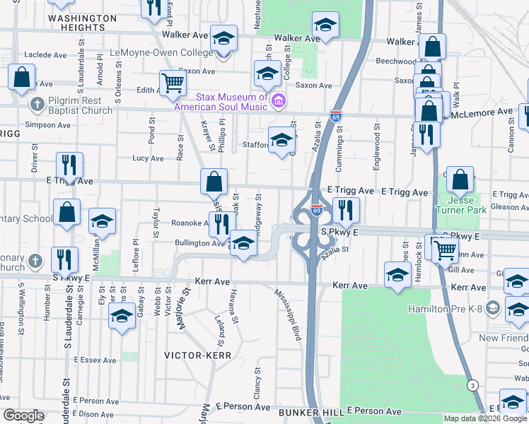 map of restaurants, bars, coffee shops, grocery stores, and more near 1325 Gaither Street in Memphis