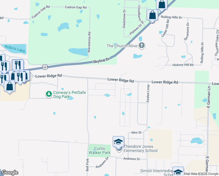 map of restaurants, bars, coffee shops, grocery stores, and more near 2245 Eldridge Lane in Conway