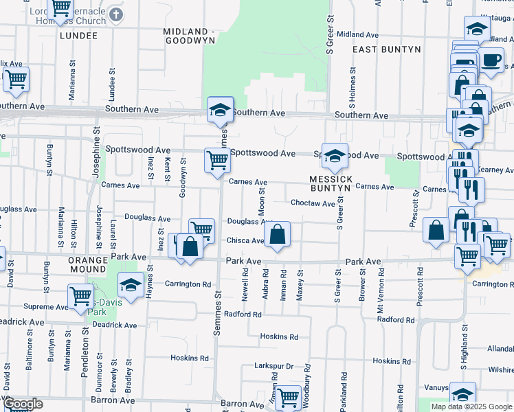 map of restaurants, bars, coffee shops, grocery stores, and more near 781 Moon Street in Memphis