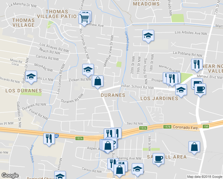 map of restaurants, bars, coffee shops, grocery stores, and more near 2228 Indian School Road Northwest in Albuquerque
