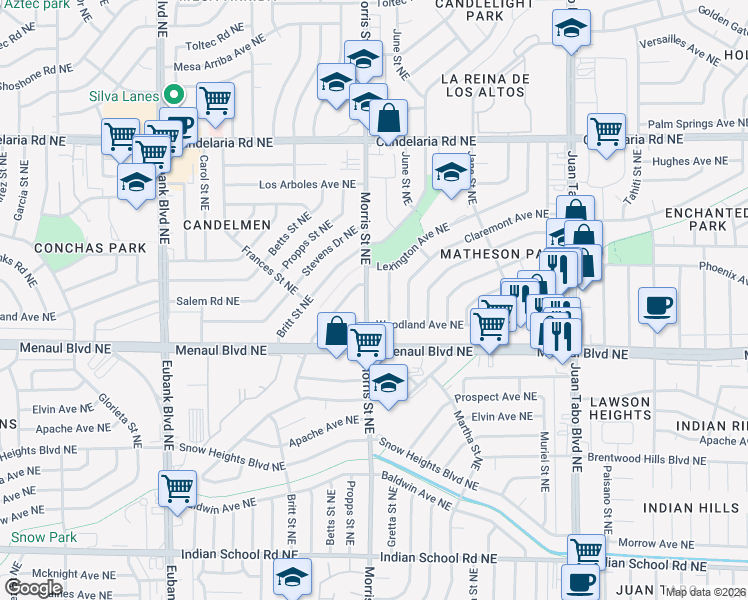 map of restaurants, bars, coffee shops, grocery stores, and more near 2416 Morris Street Northeast in Albuquerque