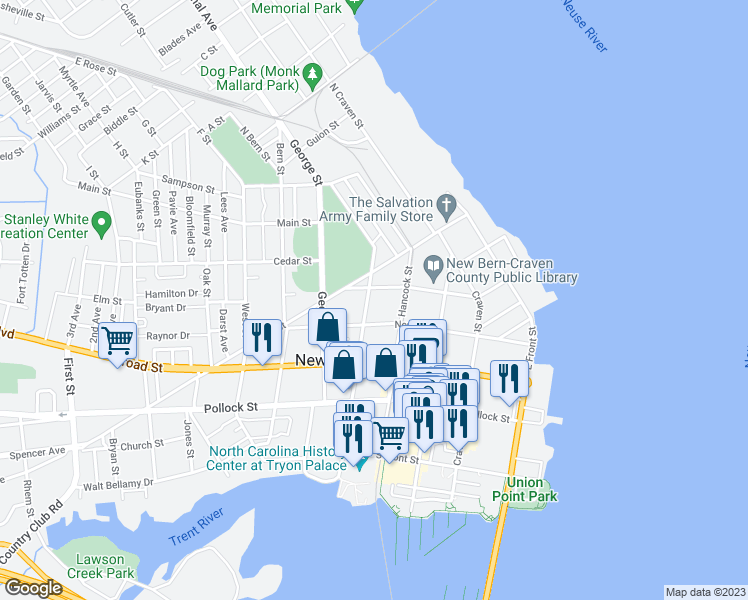 map of restaurants, bars, coffee shops, grocery stores, and more near 517 Hancock Street in New Bern