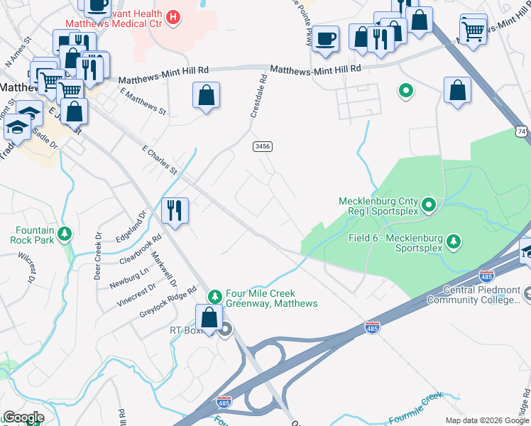 map of restaurants, bars, coffee shops, grocery stores, and more near 416 Amir Circle in Matthews