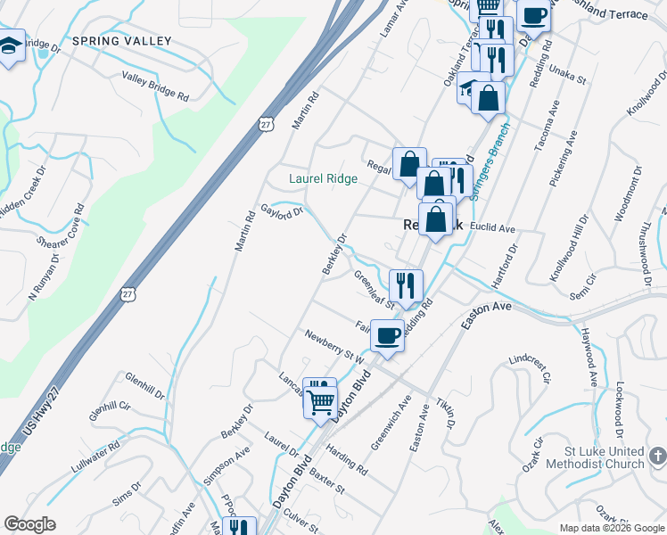 map of restaurants, bars, coffee shops, grocery stores, and more near 3306 Berkley Drive in Chattanooga