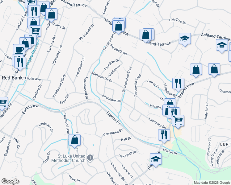 map of restaurants, bars, coffee shops, grocery stores, and more near 537 Acorn Court in Chattanooga