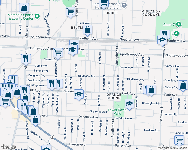 map of restaurants, bars, coffee shops, grocery stores, and more near 787 Baltimore Street in Memphis