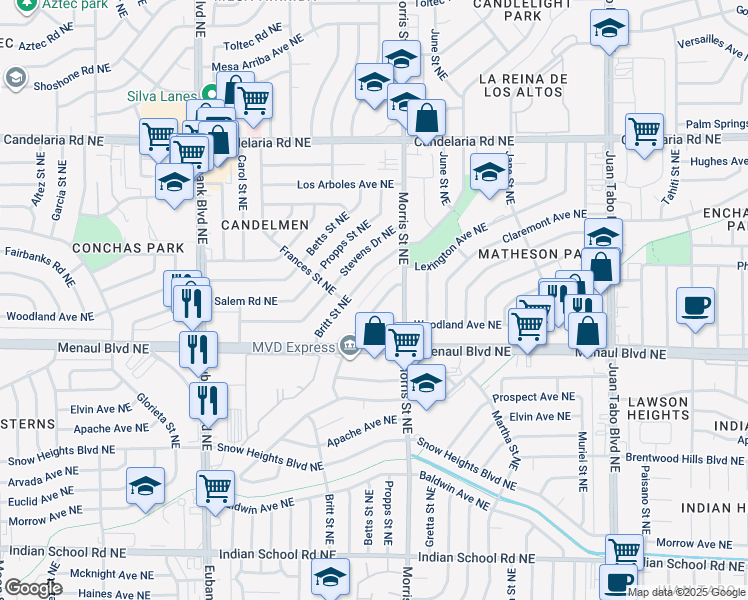 map of restaurants, bars, coffee shops, grocery stores, and more near 2413 Elizabeth Street Northeast in Albuquerque