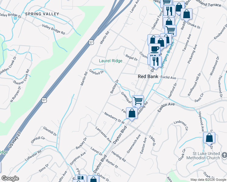 map of restaurants, bars, coffee shops, grocery stores, and more near 3306 Berkley Drive in Chattanooga
