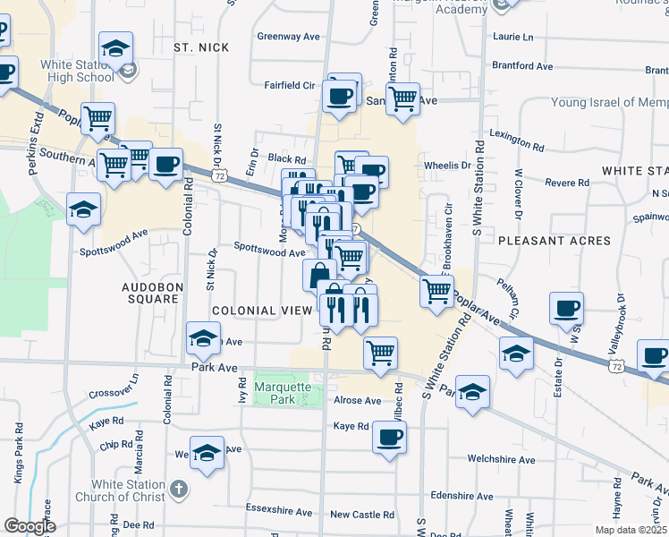map of restaurants, bars, coffee shops, grocery stores, and more near 742 Mount Moriah Road in Memphis
