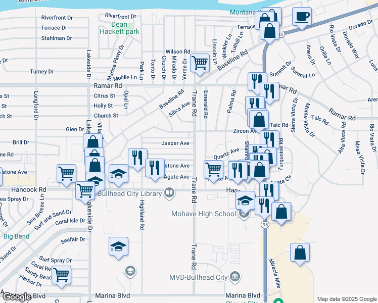map of restaurants, bars, coffee shops, grocery stores, and more near 1235 Quartz Avenue in Bullhead City
