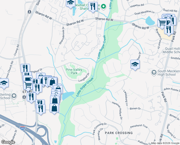 map of restaurants, bars, coffee shops, grocery stores, and more near 2113 Longleaf Drive in Charlotte