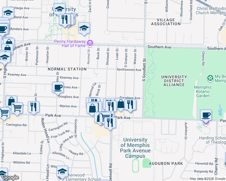 map of restaurants, bars, coffee shops, grocery stores, and more near 760 Shotwell Street in Memphis
