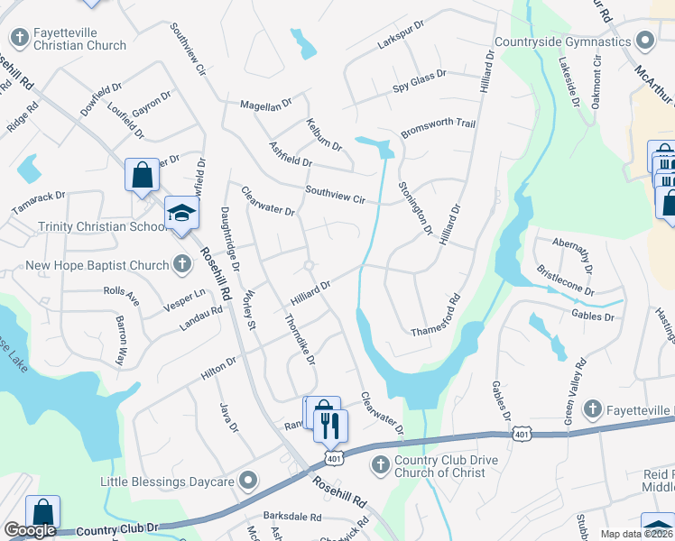 map of restaurants, bars, coffee shops, grocery stores, and more near 547-549 Hilliard Dr in Fayetteville