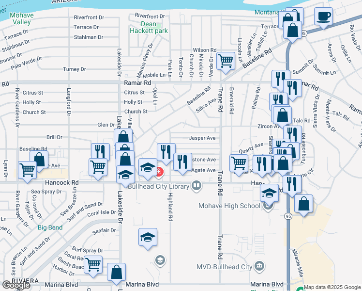 map of restaurants, bars, coffee shops, grocery stores, and more near 1155 Quartz Avenue in Bullhead City