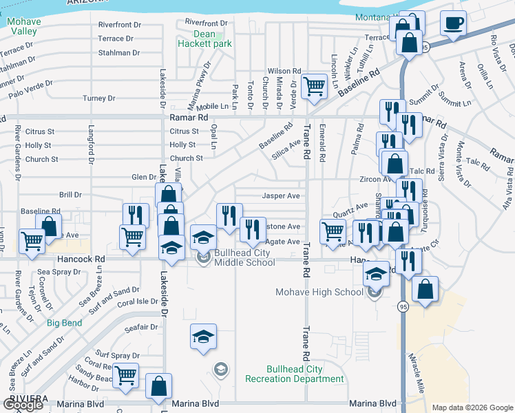 map of restaurants, bars, coffee shops, grocery stores, and more near 1155 Quartz Ave in Bullhead City