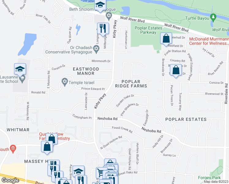 map of restaurants, bars, coffee shops, grocery stores, and more near 1403 Poplar Ridge Dr in Memphis