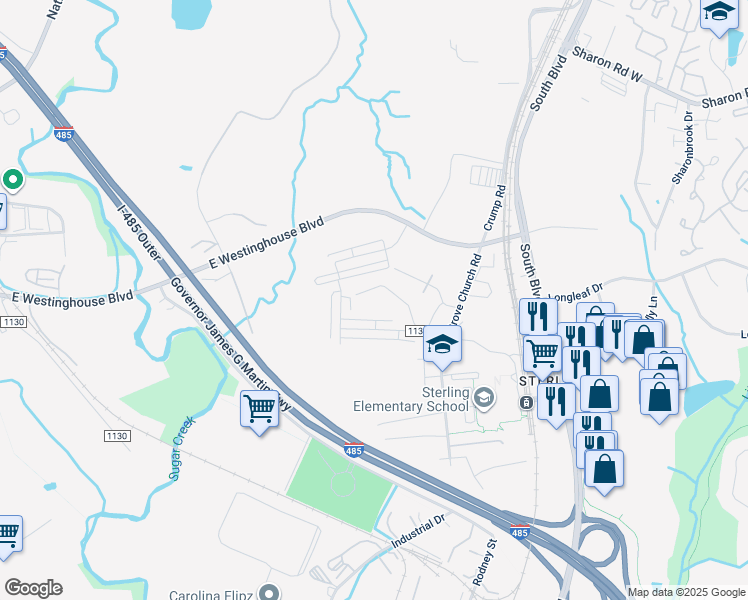 map of restaurants, bars, coffee shops, grocery stores, and more near 912 Aileen Circle in Pineville