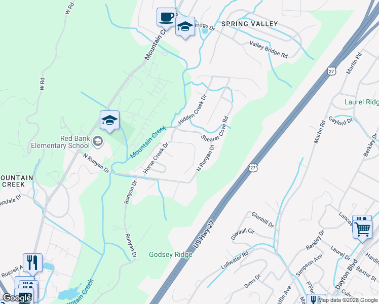 map of restaurants, bars, coffee shops, grocery stores, and more near 296 Horse Creek Drive in Chattanooga